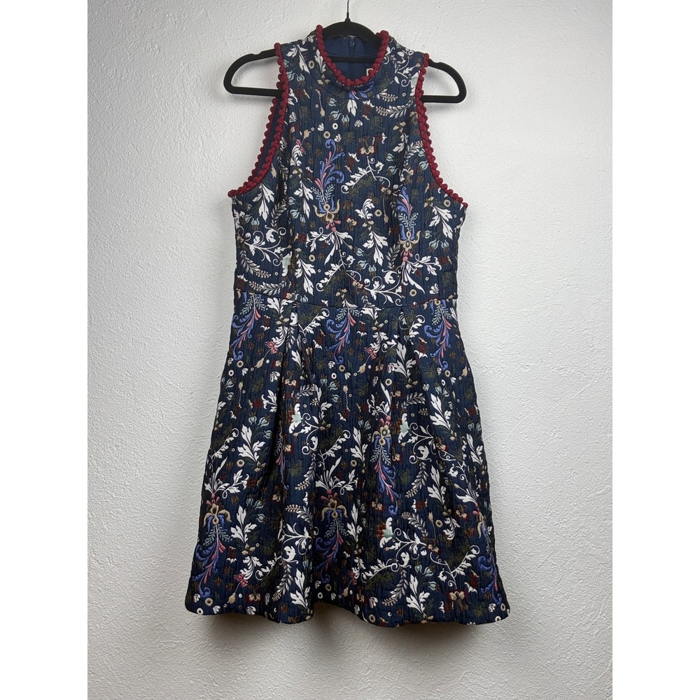 Nicole Miller Navy Blue Floral Jacquard Dress - 10 - Pom Pom Trim Boho Cocktail